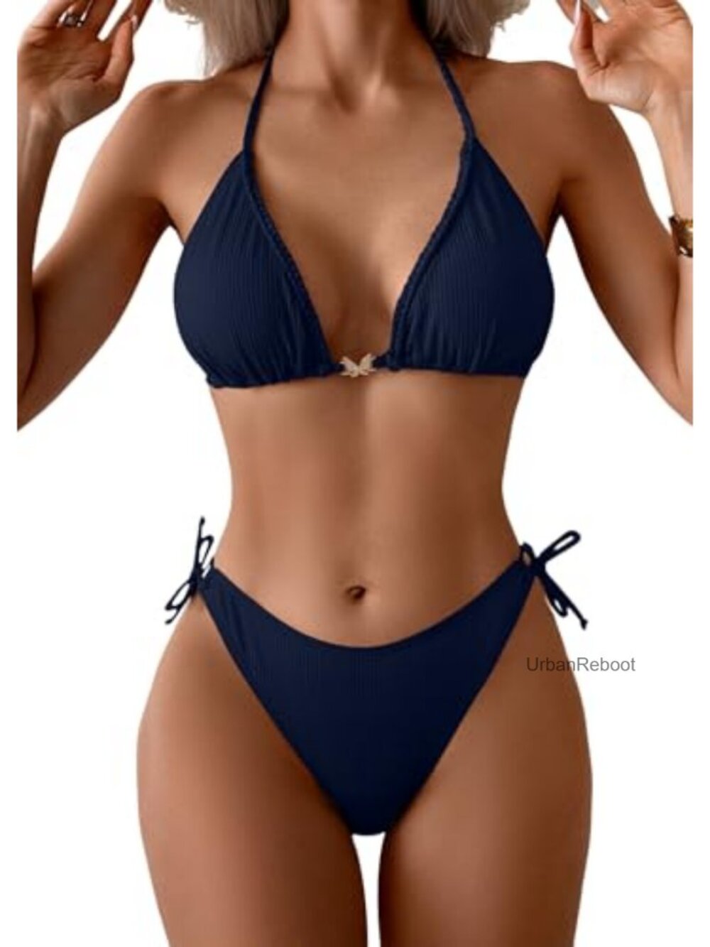 Ribbed Bikini Set Halter Triangle Top Tie Side Cheeky Swimsuit